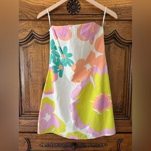 Sabo Skirt Size XL Floral Strapless mini Sundress in White, Lime, Peach & Pink